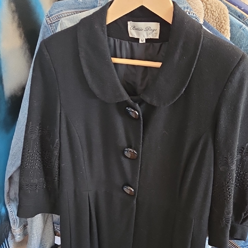 Bettie Page Black Peter Pan Collar Button-Front Trench Coat